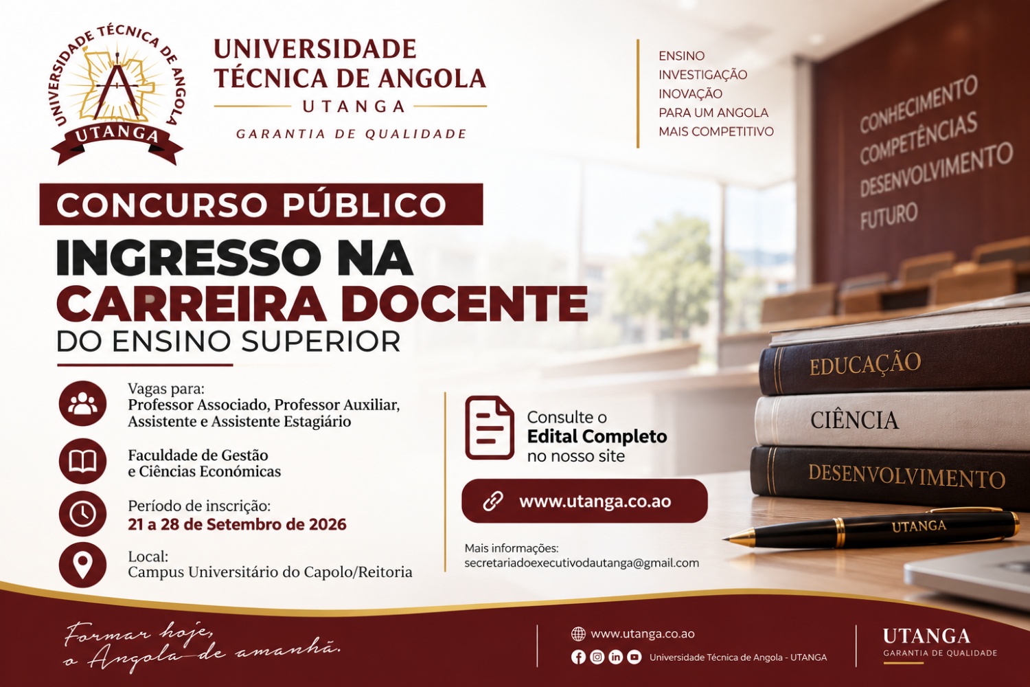 UTANGA ABRE CONCURSO PÚBLICO PARA INGRESSO NA CARREIRA DOCENTE DO ENSINO SUPERIOR
